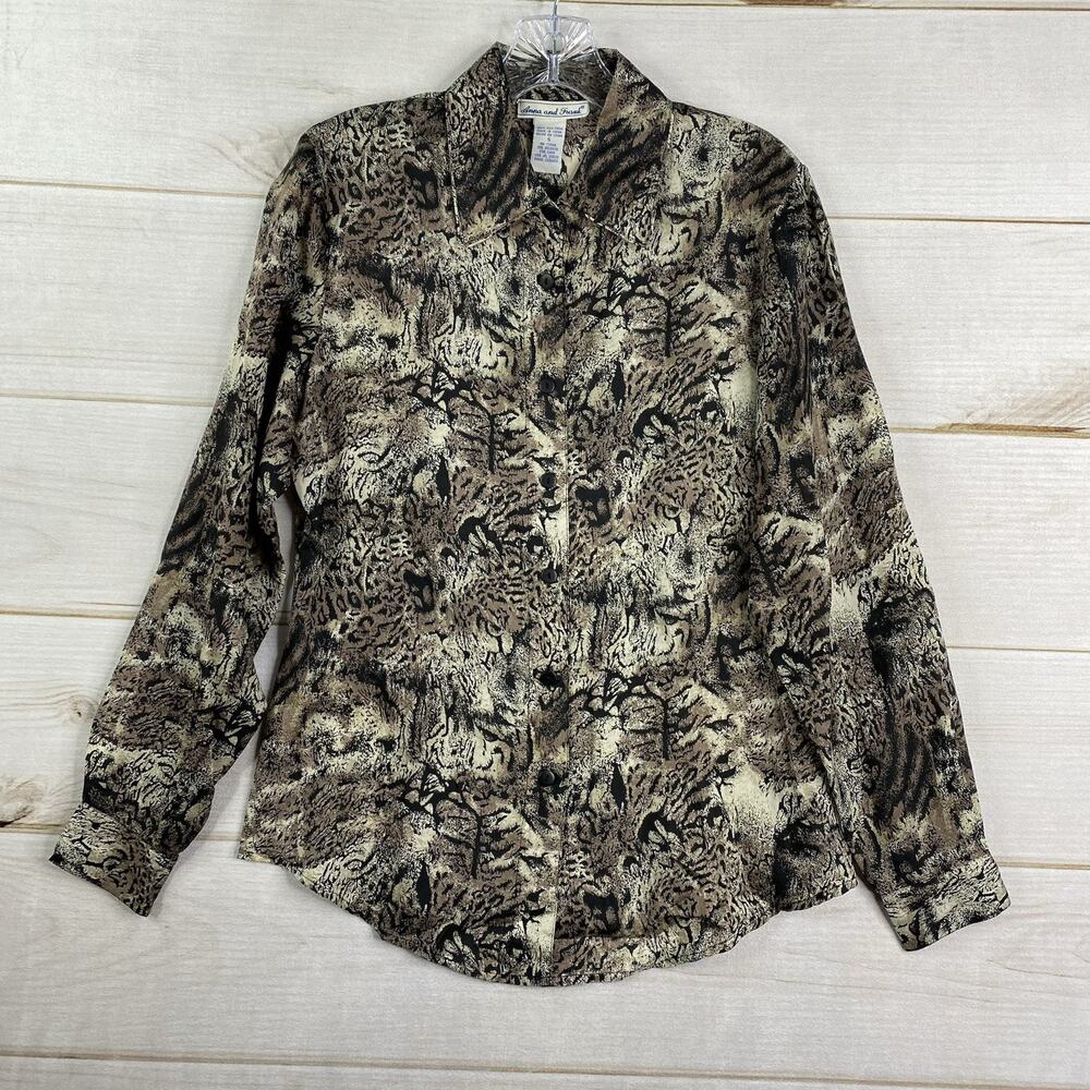 Vintage Anna and Frank Blouse Sz S 100% Silk Brown Black Animal Print Button Up
